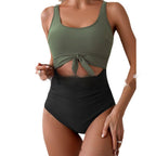 One-piece Female Stitching Contrast Color Strap Covered Belly Swimsuit Gronata