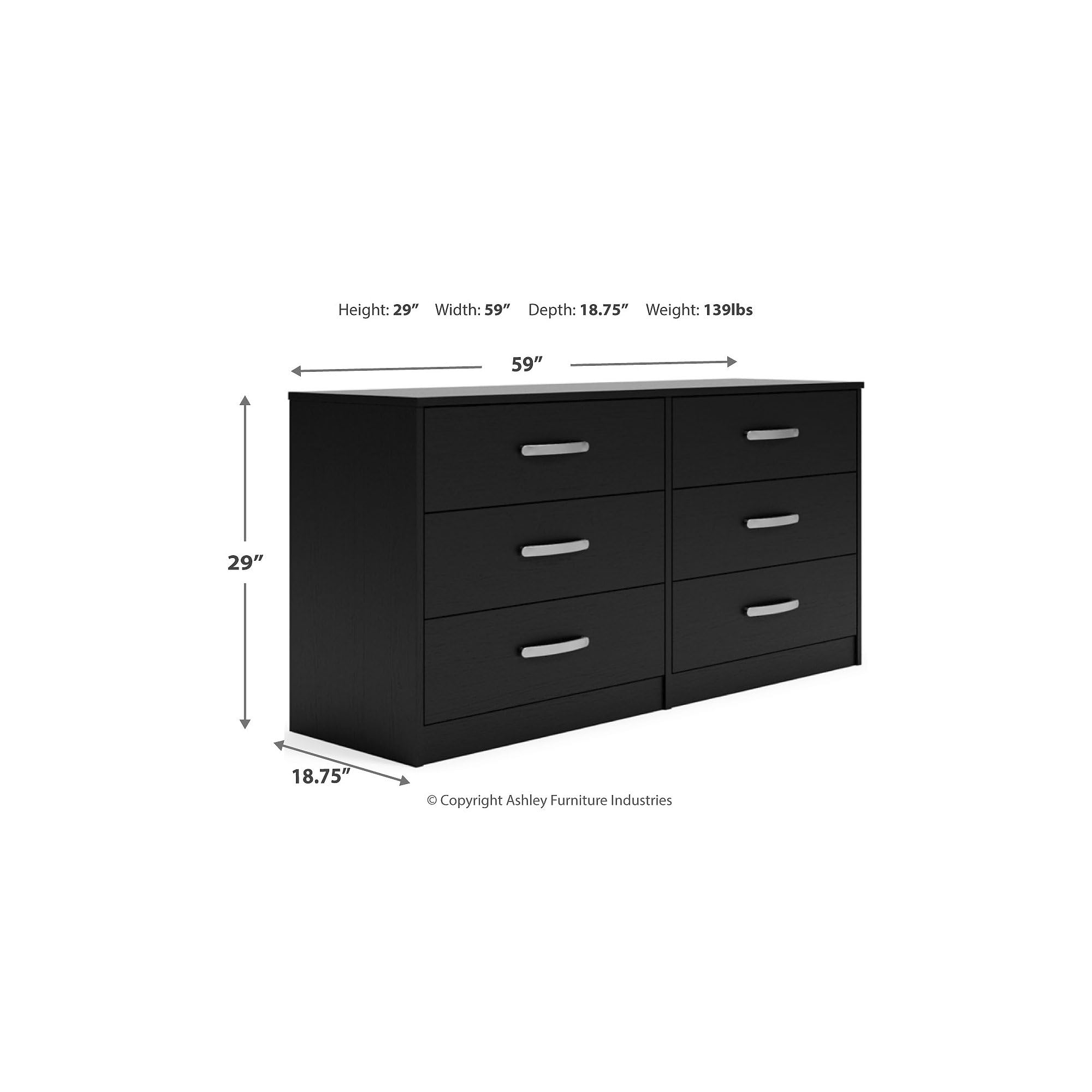 Signature Design by Ashley Finch Modern 6 Drawer Dresser with Ball-bearing Construction and Safety Stop, Black Gronata