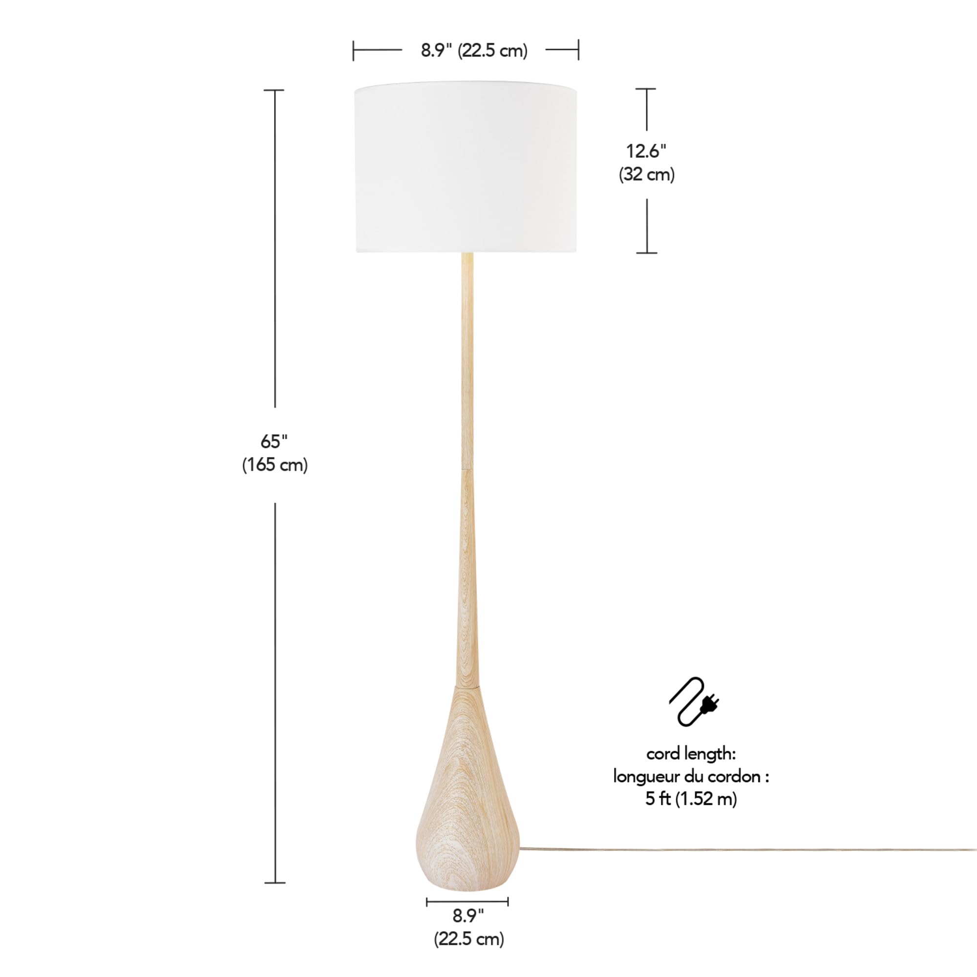 Globe Electric Novogratz x Globe Harrington 65" Floor Lamp, 2-Tone Faux Wood Base, White Fabric Shade, Socket Rotary Switch 67225 Gronata