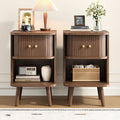 Decofy Fluted Nightstand Set of 2, Mid Century Modern Bedside Table with Charging Station, Walnut End Tables with Sliding Tambour Doors, Storage Cabinet and Open Shelf for Bedroom, Walnut Gronata