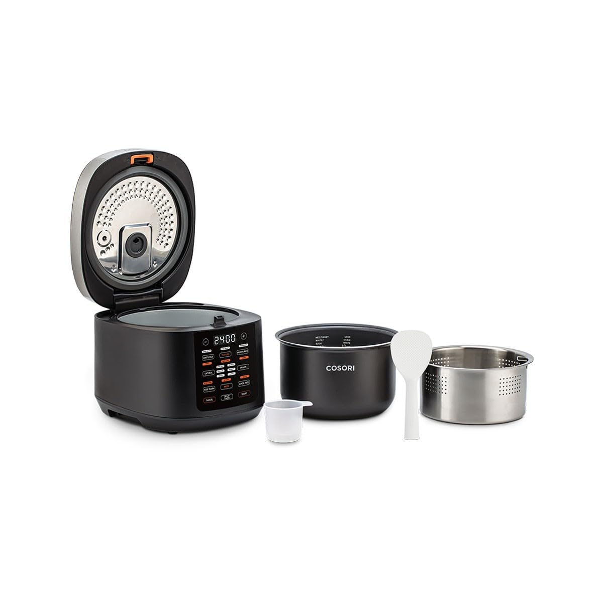 Cosori Rice Cooker 10 Cup, 24h Keep Warm, Non-stick Ceramic Inner Pot, 18 Functions Fuzzy Logic Rice Maker with Stainless Steel Steamer Basket, Sauté, Slow Cooker, Black Gronata