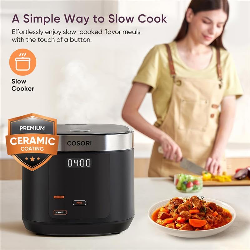Cosori Rice Cooker 10 Cup, 24h Keep Warm, Non-stick Ceramic Inner Pot, 18 Functions Fuzzy Logic Rice Maker with Stainless Steel Steamer Basket, Sauté, Slow Cooker, Black Gronata