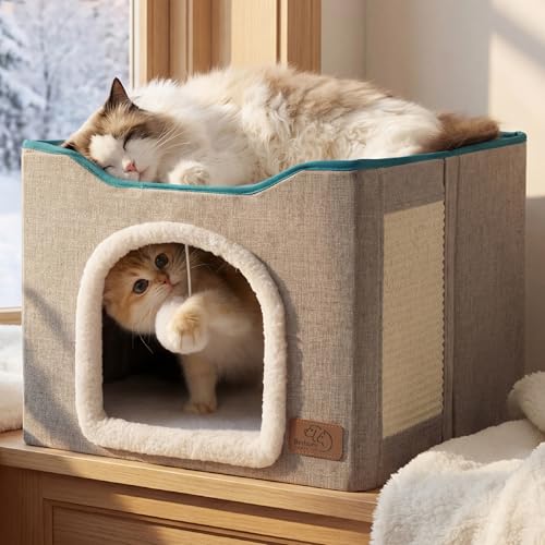 Bedsure Cat Beds for Indoor Cats - Large Cat Cave for Pet Cat House with Fluffy Ball Hanging and Scratch Pad, Foldable Cat Hideaway, 16.5x16.5x13 inches, Grey Gronata