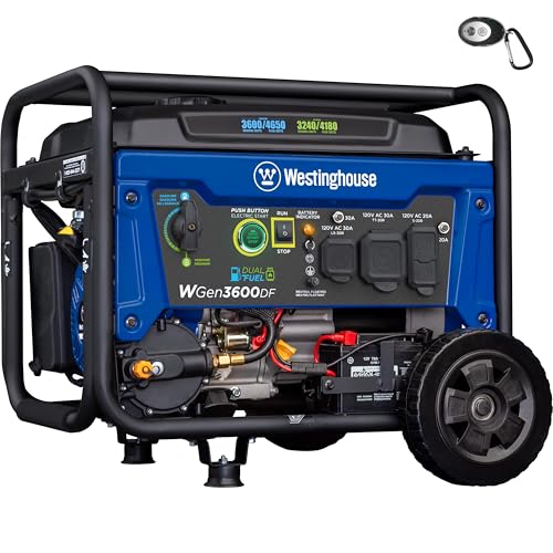 Westinghouse WGen3600DF Dual Fuel Portable Generator, 4650 Peak Watts & 3600 Rated Watts, Remote Electric Start with Auto Choke, RV Ready 30A Outlet, Gas & Propane Powered, CARB Compliant Gronata