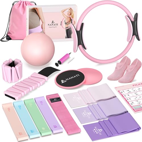 NANATI Pilates Kit 19PCS,Pilates Essentials Kit for Women,Pilates Equipment with 14.5" Pilates Ring and Ball,8 Resistance Bands,Ankle Weights,Sliders & Grip Socks Accessories for Starter Home Workouts Gronata