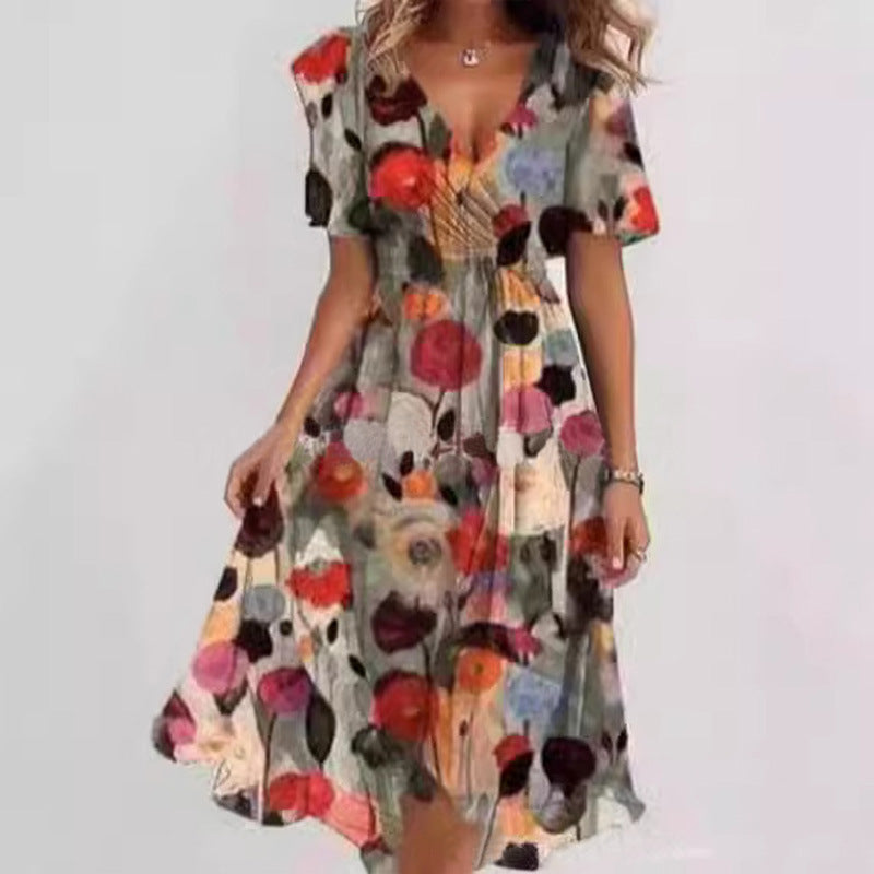 Flowers Printed V-neck Dress Summer A-line Short-sleeved Dresses For Women Gronata