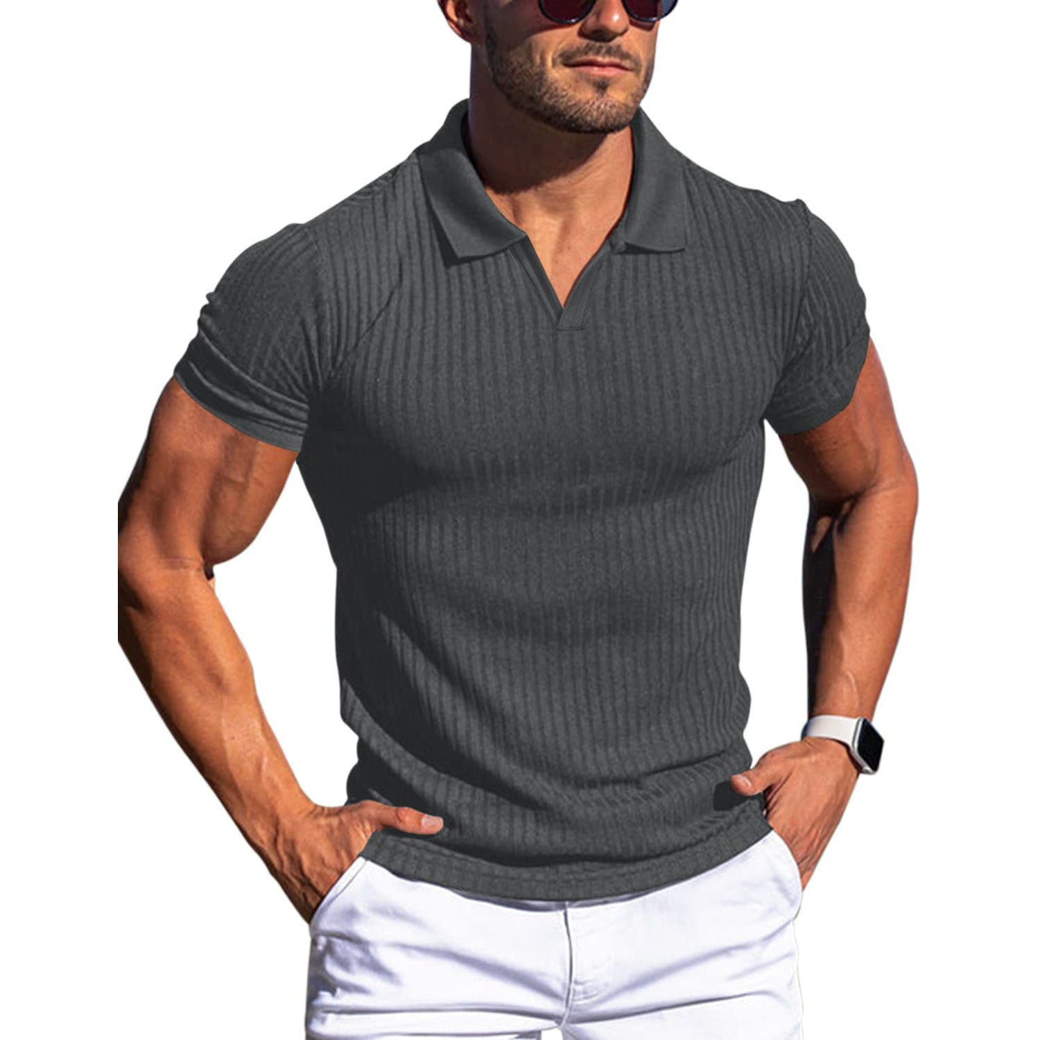 Polo Shirt Lapel V-neck Vertical Striped Short Sleeve Men's T-shirt Gronata