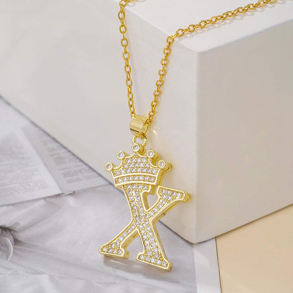 1PCS Fashionable Gold Diamond Crown Uppercase Letter Popular Pendant Necklace Suitable For Daily Use Festivals Parties Gifts Jewelry Set Gronata