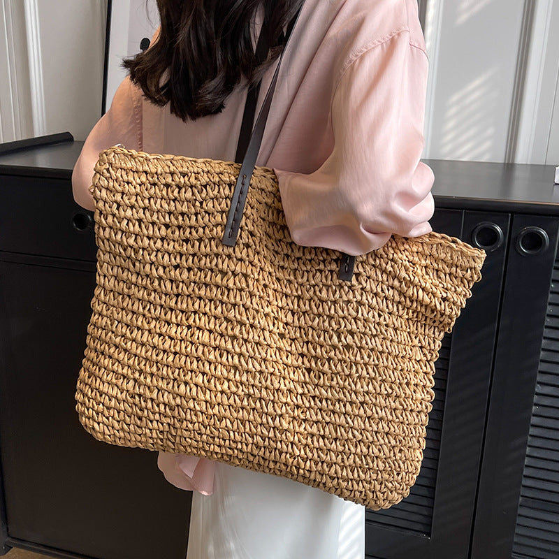 Summer Woven Shoulder Bag Ins Fashion Large Capacity Handbags With Zipper Women's Beach Bags Gronata