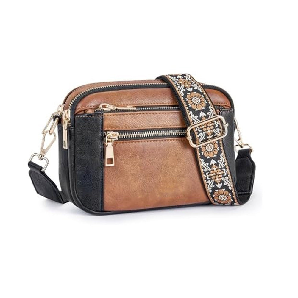 Triple-zipper Shoulder Bag With Floral Embroidered Straps Fashion Colorblock Multi-functional Crossbody Bags For Women Gronata