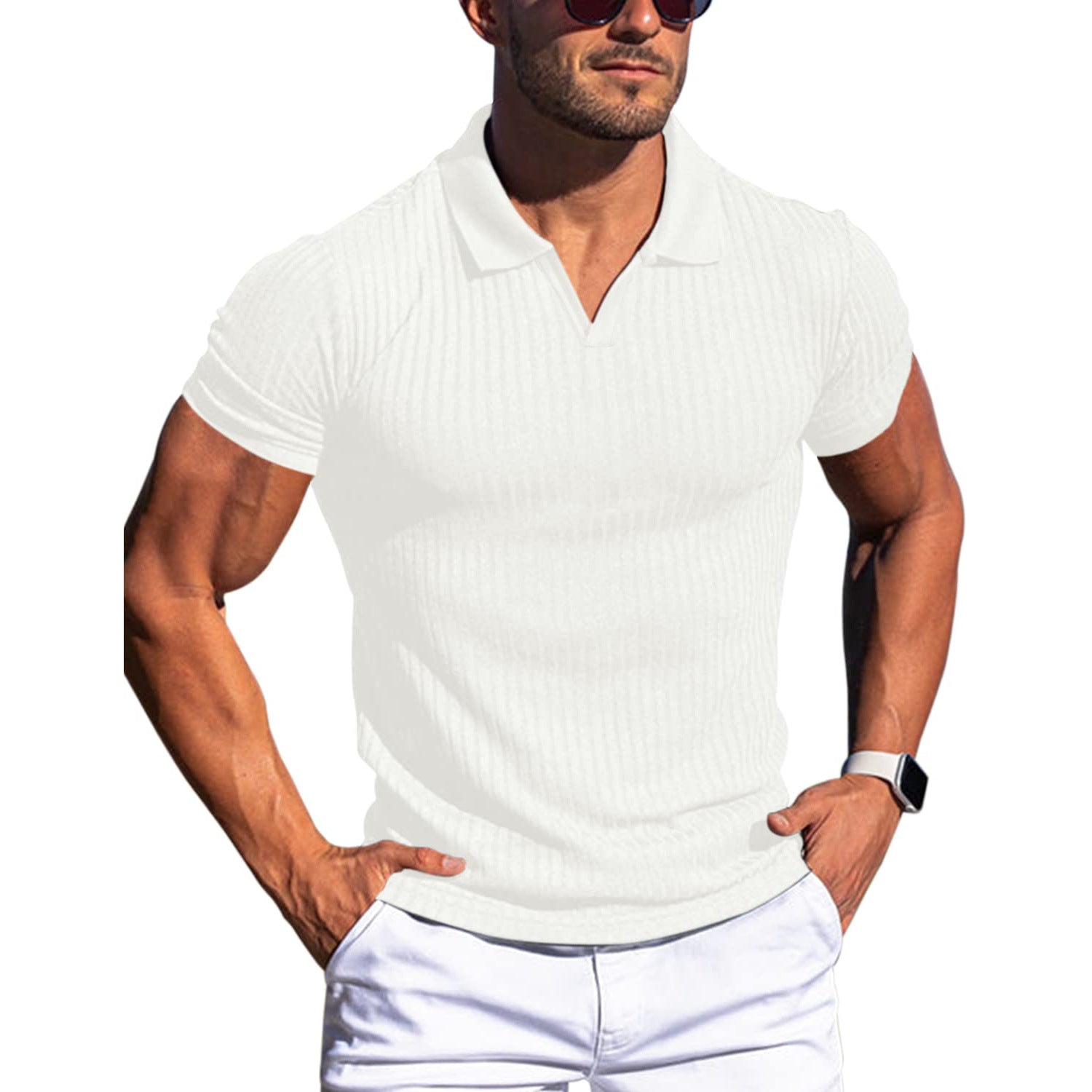 Polo Shirt Lapel V-neck Vertical Striped Short Sleeve Men's T-shirt Gronata
