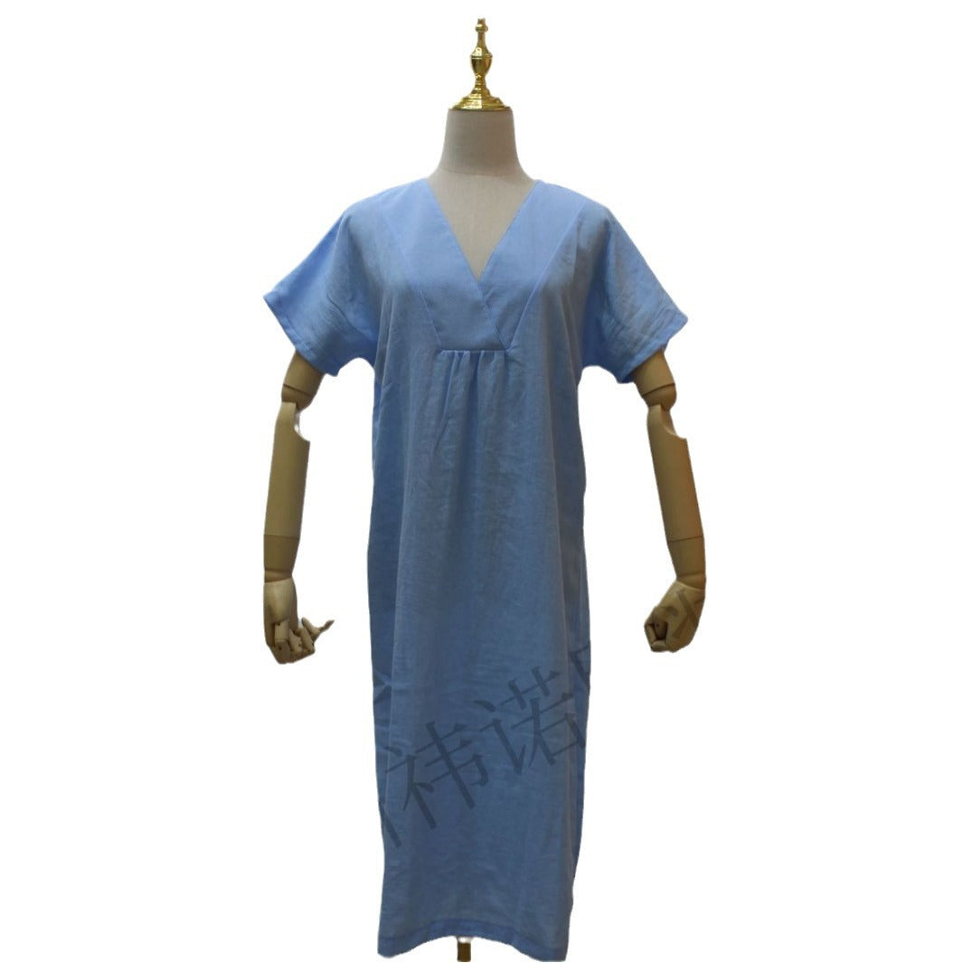 Women's Cotton And Linen Solid Color And V-neck Fashion Style Dress Gronata