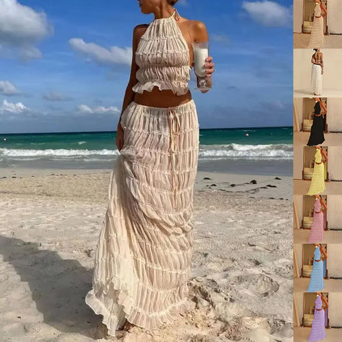 2pcs Women's Dress Suit Sexy Sleeveless Backless Cropped Halter Top And Pleated Long Skirt Beach Clothing Gronata