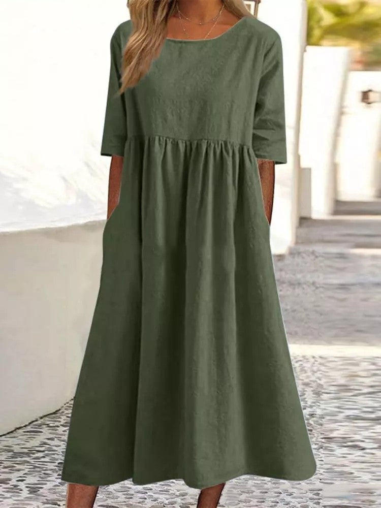 Women's Fashion Casual Cotton Linen Short Sleeve Pocket Dress Gronata