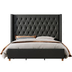 Jocisland Queen Size Bed Frame 61.4" Extra Tall Wingback Headboard Velvet Upholstered Deep Button Tufted Platform Bed with Solid Wood Legs & Wood Slats, No Box Spring Needed, Black Gronata