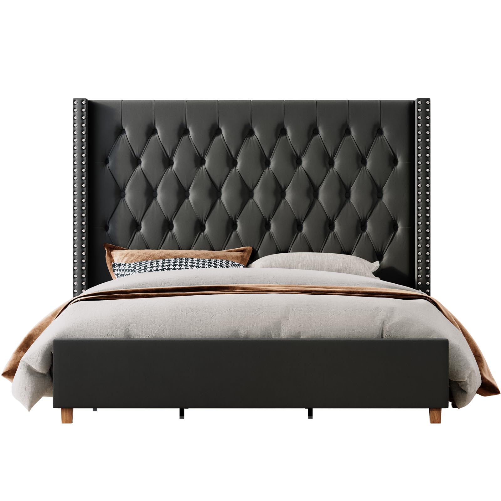 Jocisland Queen Size Bed Frame 61.4" Extra Tall Wingback Headboard Velvet Upholstered Deep Button Tufted Platform Bed with Solid Wood Legs & Wood Slats, No Box Spring Needed, Black Gronata