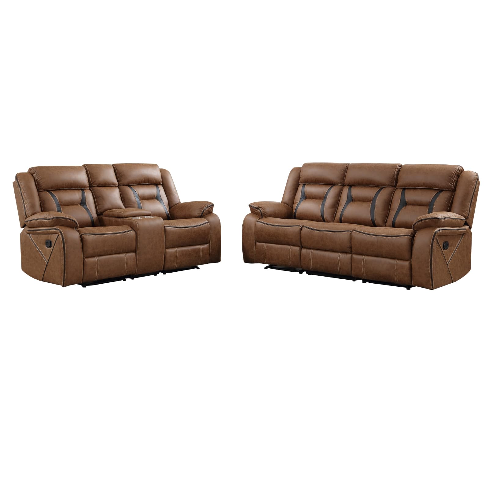 EBELLO Faux Leather Recliner Sofa Furniture Set for Living Room, 2 Recliner Chairs, 3 Seat Reclining Sofa Couch Set for Meeting Room, Brown Gronata