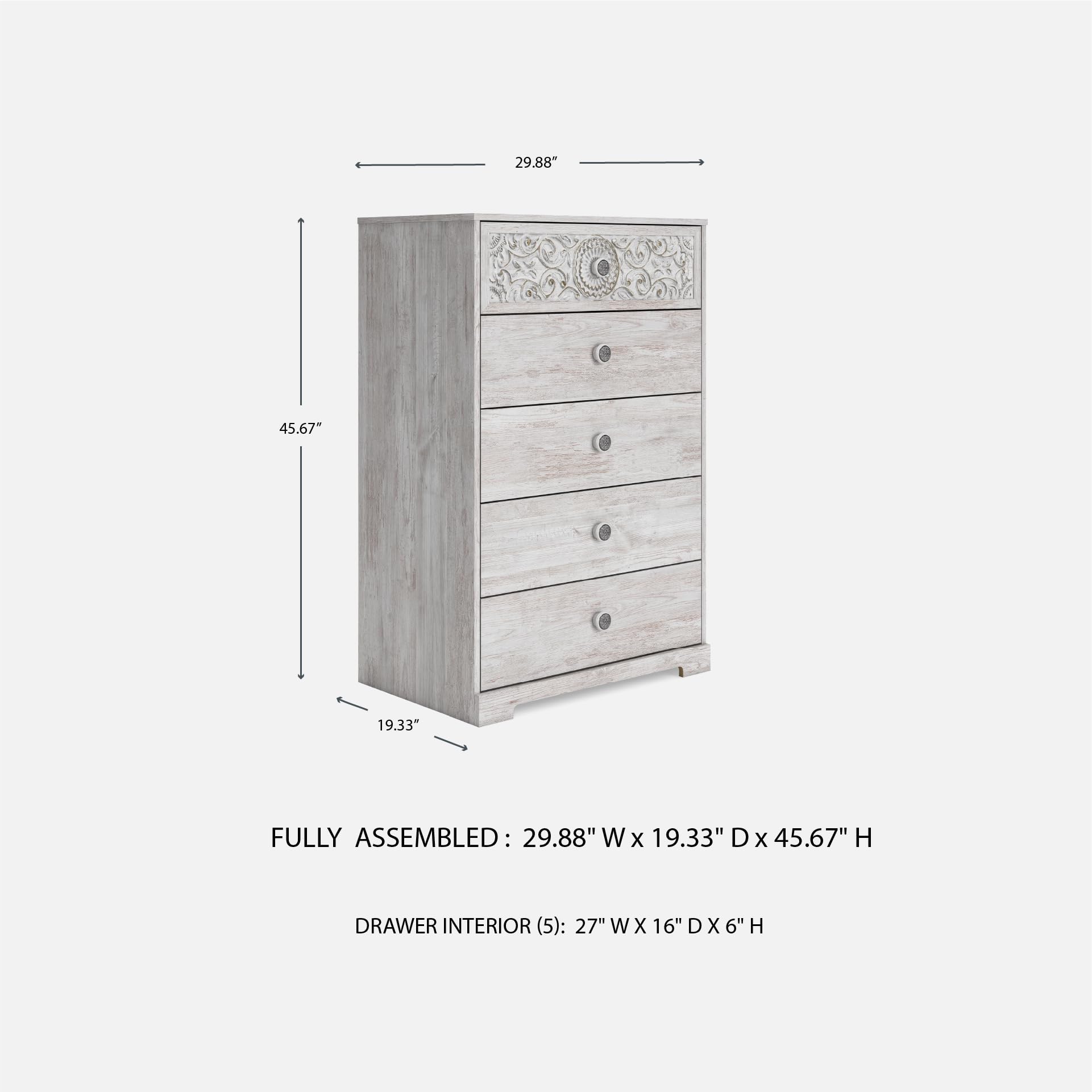 Signature Design by Ashley Shawburn Rustic 5 Drawer Chest of Smooth-Gliding Drawers and Safety Stop, White & Gray Gronata