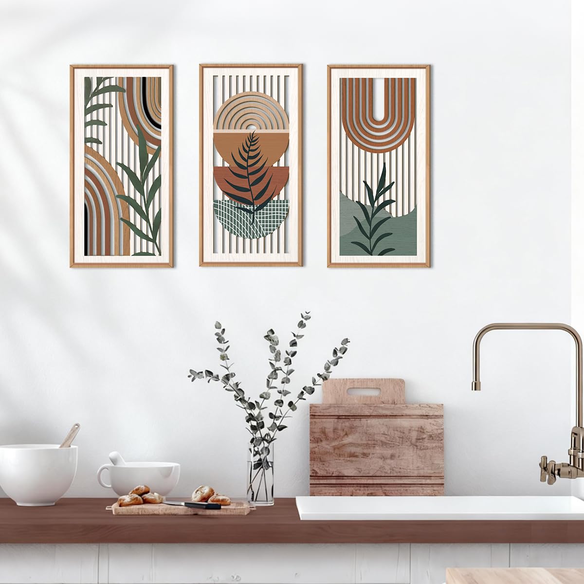 IARTTOP Large Boho Mid-century Modern Wood Wall Art 16x32 Inch Framed Green Abstract Leaf Wooden Wall Decor Bohemian Minimalist Geometric Wall Art Decor for Bedroom Living Room Office Set of 3 Gronata