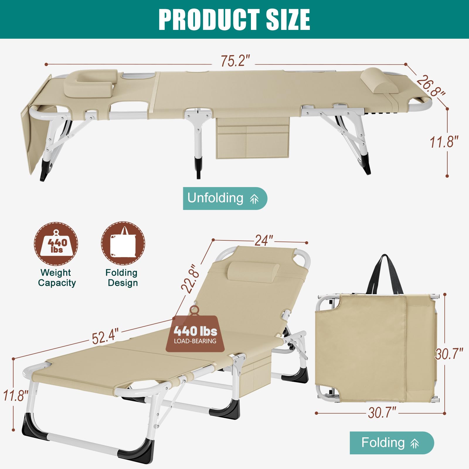 DoCred Heavy Duty Chaise Lounge Chair, Adjustable 5-Position Folding Chaise Lounge Chairs for Outside, Portable Lay Flat Beach Lounge Chair for Outdoor Sunbathing Beach Pool Lawn Camping Gronata