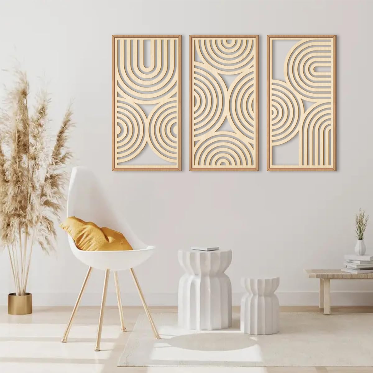 IARTTOP Large Boho Mid-century Modern Wood Wall Art 16x32 Inch Framed Green Abstract Leaf Wooden Wall Decor Bohemian Minimalist Geometric Wall Art Decor for Bedroom Living Room Office Set of 3 Gronata