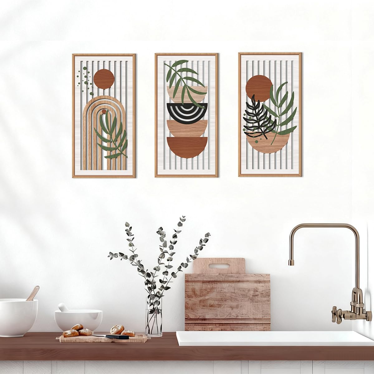 IARTTOP Large Boho Mid-century Modern Wood Wall Art 16x32 Inch Framed Green Abstract Leaf Wooden Wall Decor Bohemian Minimalist Geometric Wall Art Decor for Bedroom Living Room Office Set of 3 Gronata