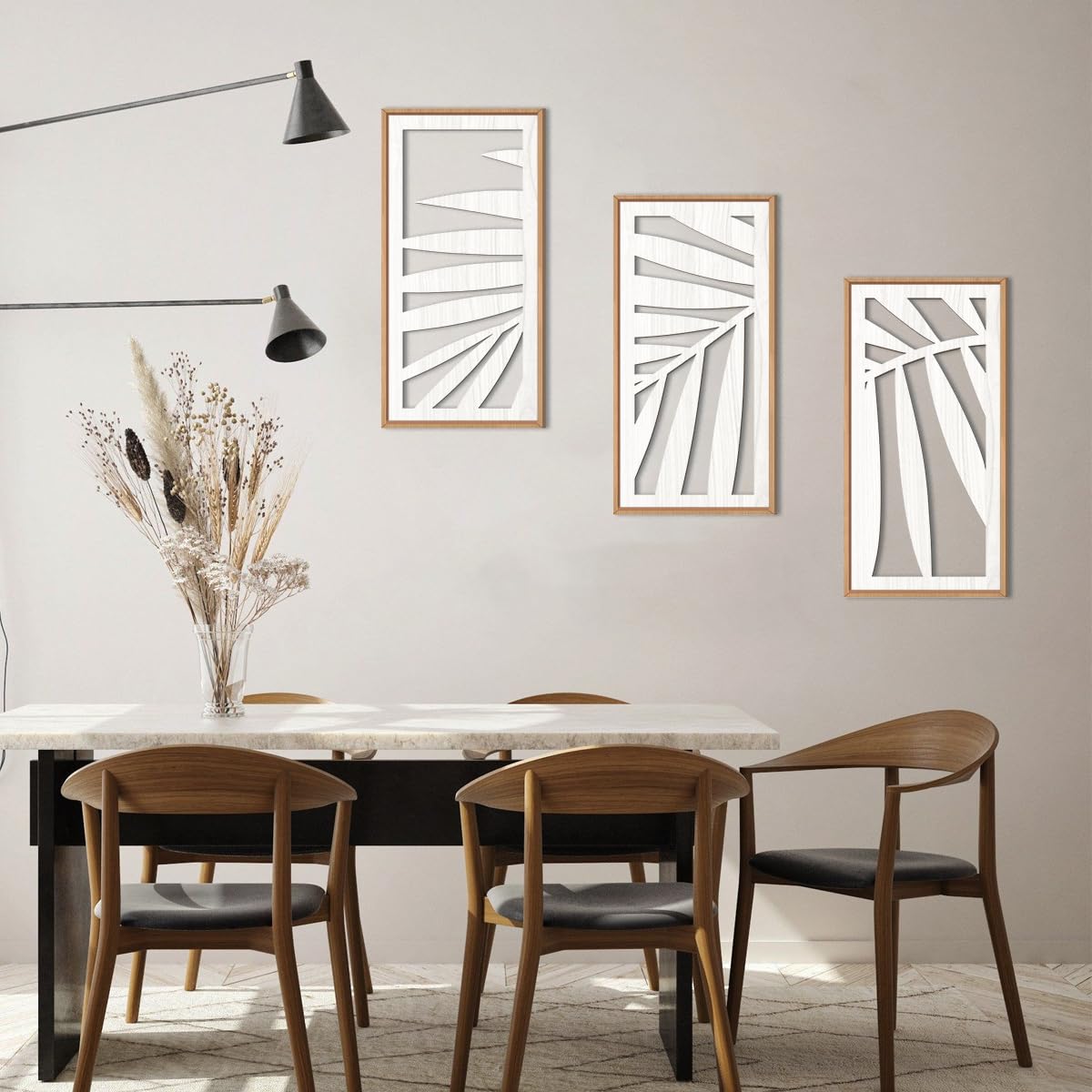 IARTTOP Large Boho Mid-century Modern Wood Wall Art 16x32 Inch Framed Green Abstract Leaf Wooden Wall Decor Bohemian Minimalist Geometric Wall Art Decor for Bedroom Living Room Office Set of 3 Gronata