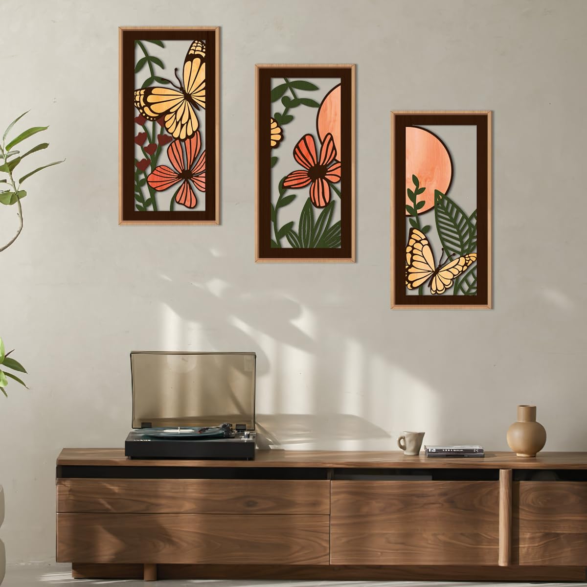 IARTTOP Large Boho Mid-century Modern Wood Wall Art 16x32 Inch Framed Green Abstract Leaf Wooden Wall Decor Bohemian Minimalist Geometric Wall Art Decor for Bedroom Living Room Office Set of 3 Gronata
