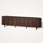OneBlis 70" Mid Century Modern TV Stand, Wood TV Consoles with Sliding Doors and Power Outlet, Entertainment Center with Adjustable Shelves, Fluted TV Stands for Living Room, Walnut Gronata