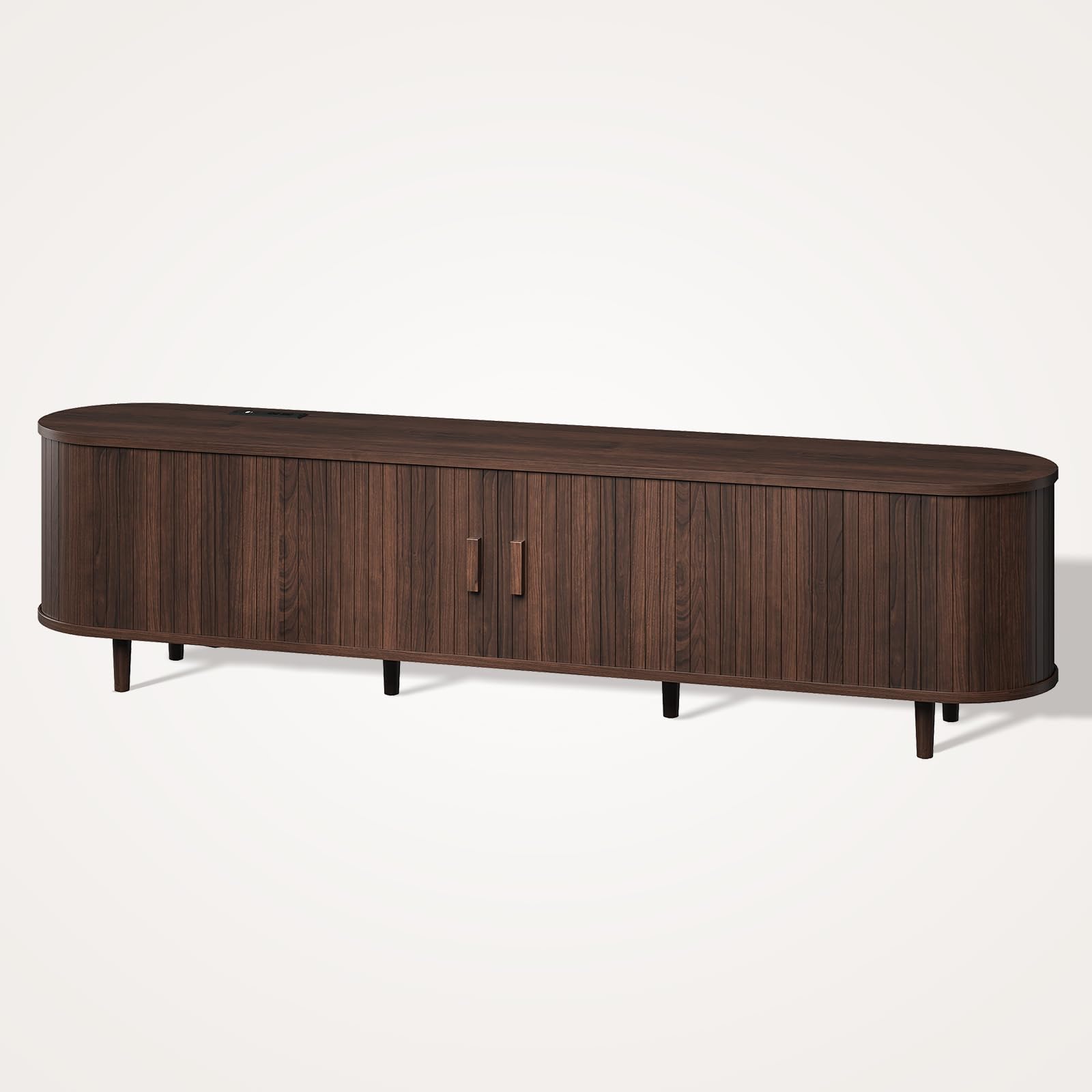 OneBlis 70" Mid Century Modern TV Stand, Wood TV Consoles with Sliding Doors and Power Outlet, Entertainment Center with Adjustable Shelves, Fluted TV Stands for Living Room, Walnut Gronata