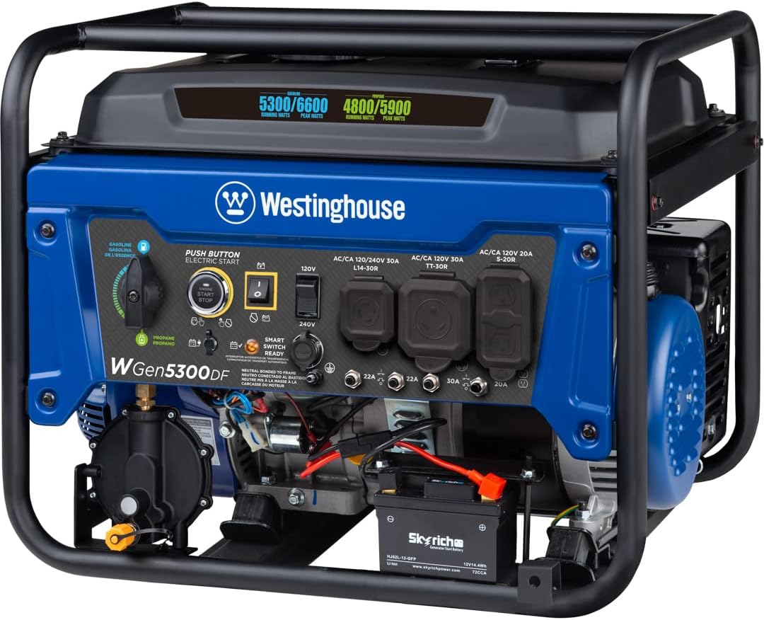 Westinghouse WGen5300DF Dual Fuel Home Backup Portable Generator, 6600 Watts, Remote Electric Start with Auto Choke, Transfer Switch Ready, RV Ready Gronata