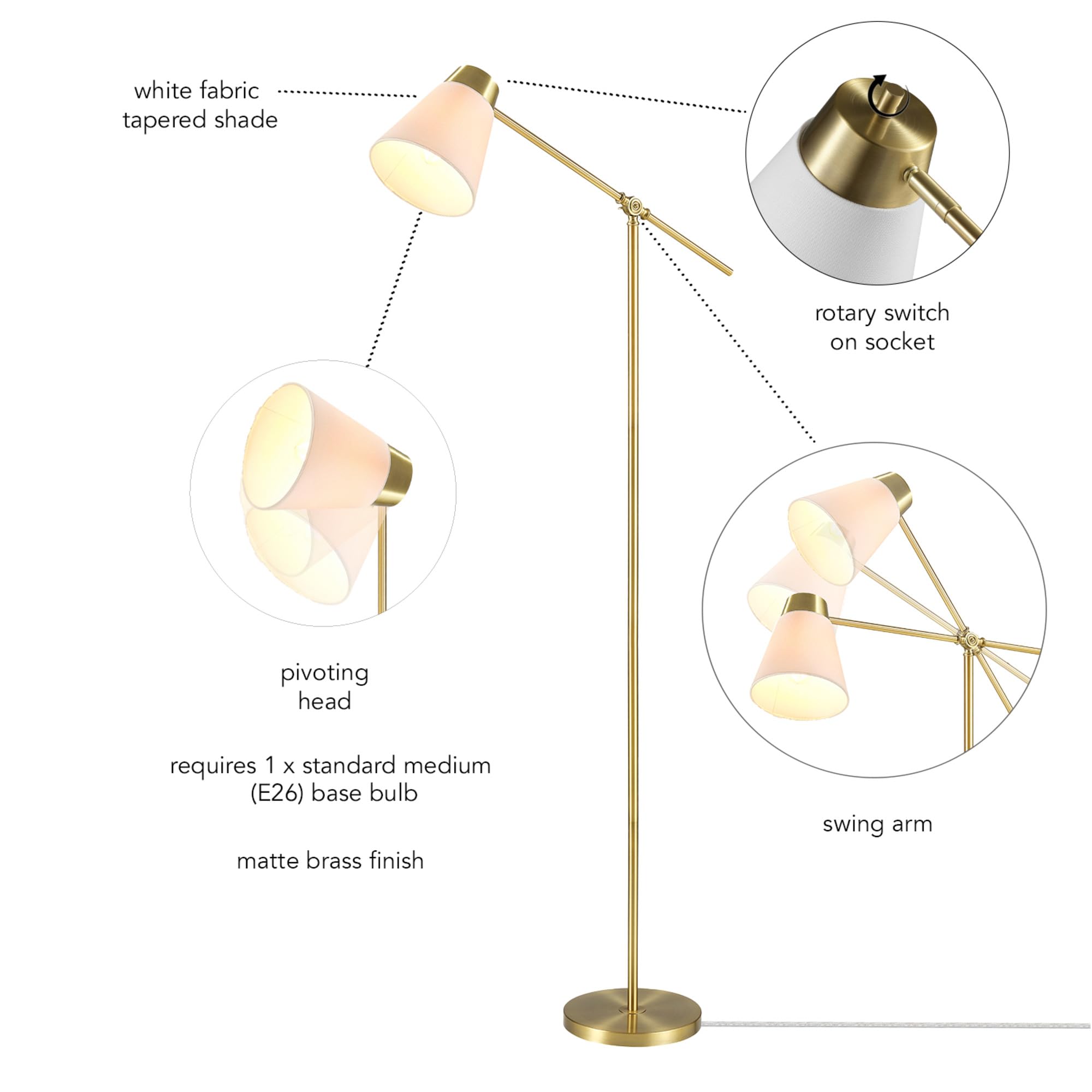 Globe Electric Novogratz x Globe Harrington 65" Floor Lamp, 2-Tone Faux Wood Base, White Fabric Shade, Socket Rotary Switch 67225 Gronata