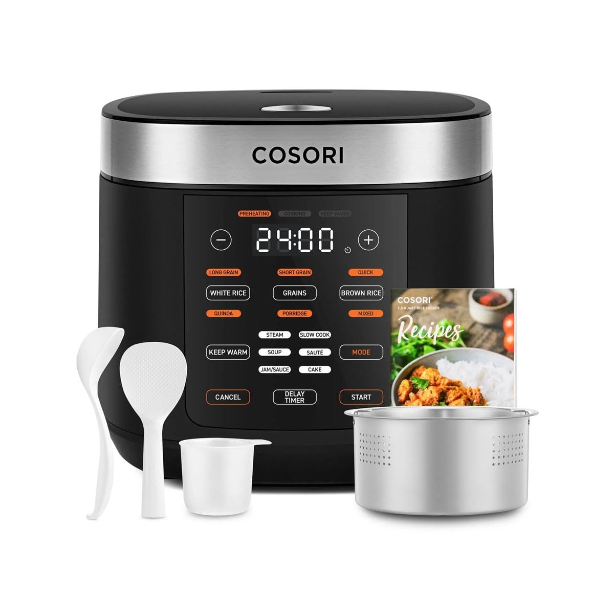 Cosori Rice Cooker 10 Cup, 24h Keep Warm, Non-stick Ceramic Inner Pot, 18 Functions Fuzzy Logic Rice Maker with Stainless Steel Steamer Basket, Sauté, Slow Cooker, Black Gronata