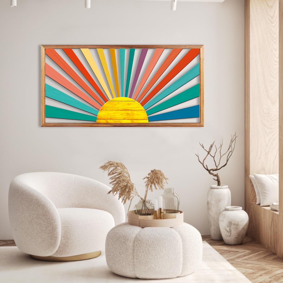 IARTTOP Large Boho Mid-century Modern Wood Wall Art 16x32 Inch Framed Green Abstract Leaf Wooden Wall Decor Bohemian Minimalist Geometric Wall Art Decor for Bedroom Living Room Office Set of 3 Gronata