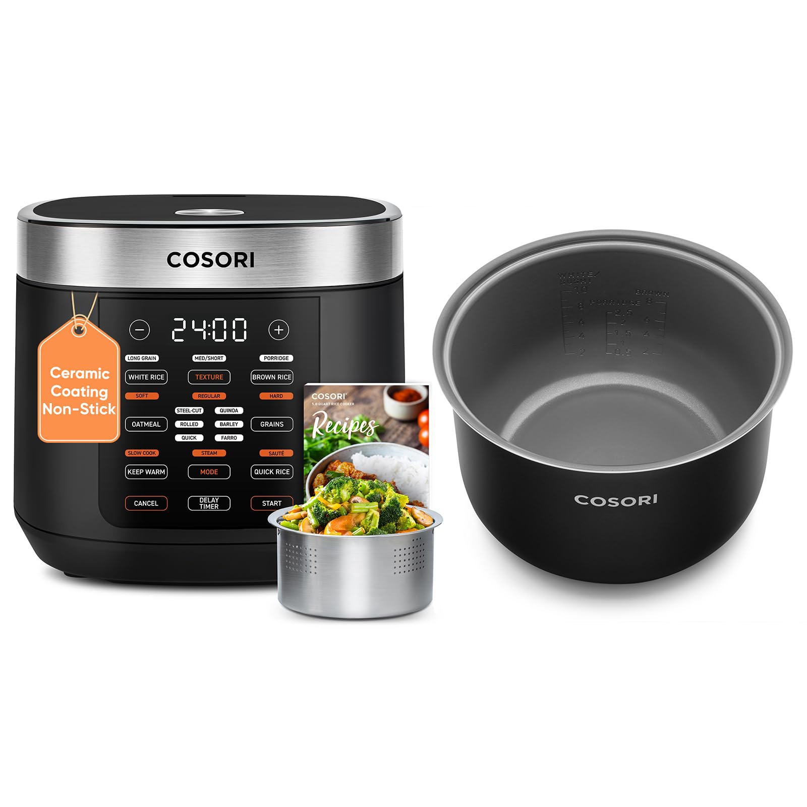 Cosori Rice Cooker 10 Cup, 24h Keep Warm, Non-stick Ceramic Inner Pot, 18 Functions Fuzzy Logic Rice Maker with Stainless Steel Steamer Basket, Sauté, Slow Cooker, Black Gronata