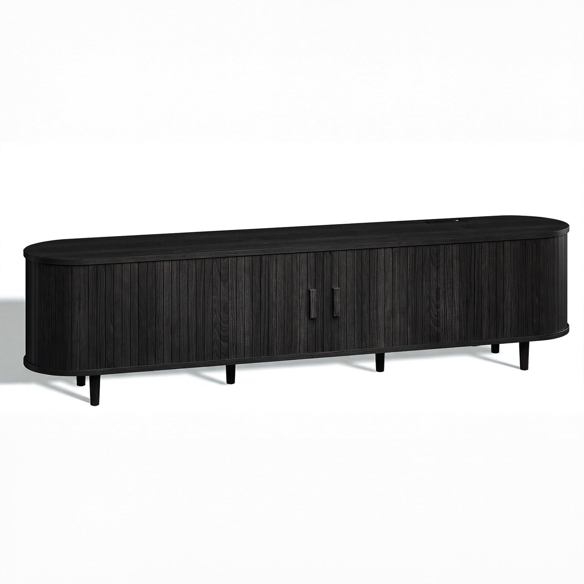 OneBlis 70" Mid Century Modern TV Stand, Wood TV Consoles with Sliding Doors and Power Outlet, Entertainment Center with Adjustable Shelves, Fluted TV Stands for Living Room, Walnut Gronata