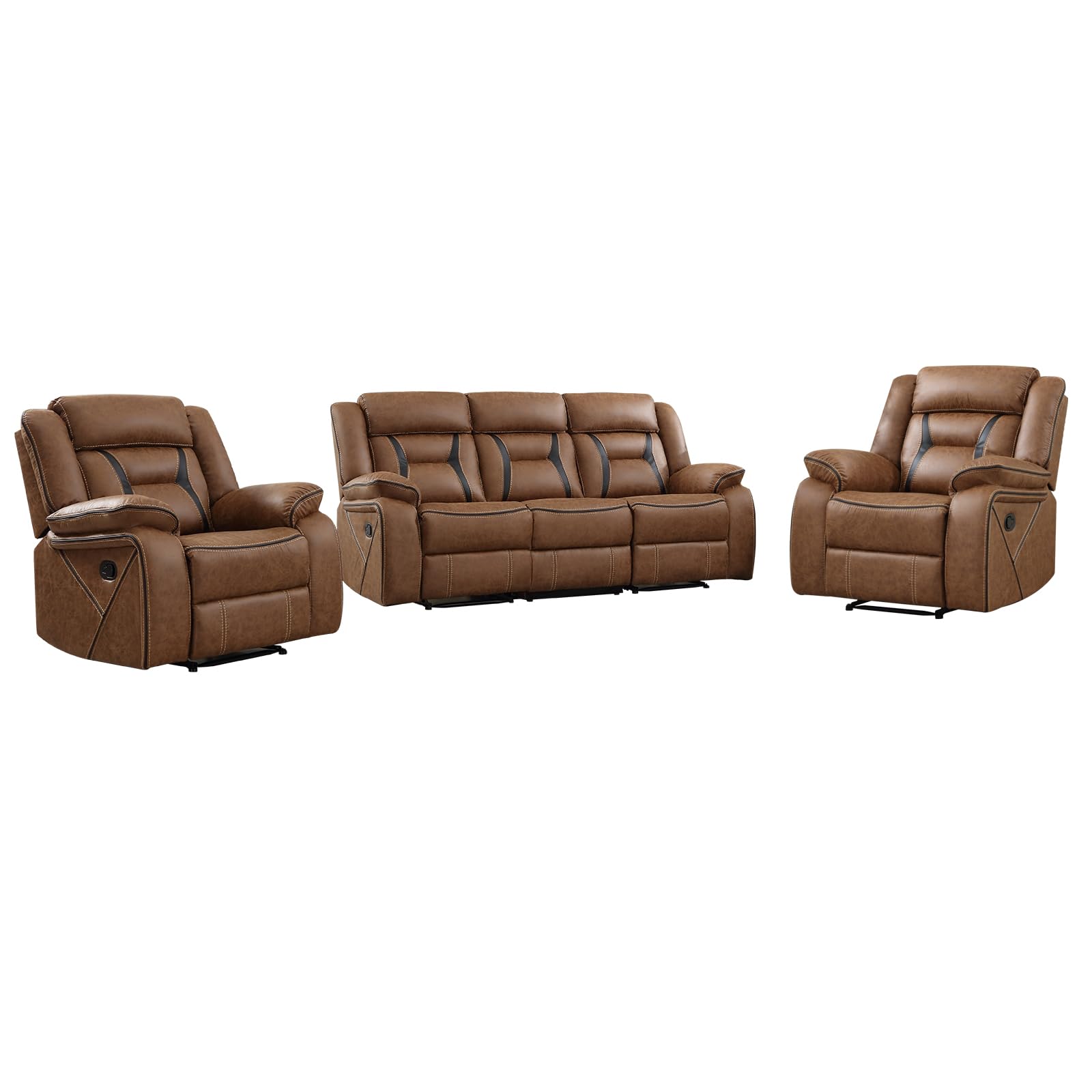 EBELLO Faux Leather Recliner Sofa Furniture Set for Living Room, 2 Recliner Chairs, 3 Seat Reclining Sofa Couch Set for Meeting Room, Brown Gronata