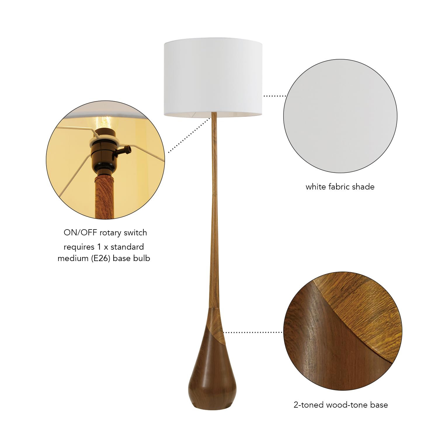 Globe Electric Novogratz x Globe Harrington 65" Floor Lamp, 2-Tone Faux Wood Base, White Fabric Shade, Socket Rotary Switch 67225 Gronata