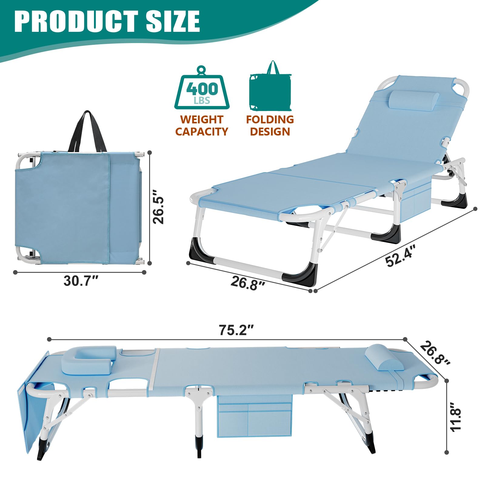 DoCred Heavy Duty Chaise Lounge Chair, Adjustable 5-Position Folding Chaise Lounge Chairs for Outside, Portable Lay Flat Beach Lounge Chair for Outdoor Sunbathing Beach Pool Lawn Camping Gronata