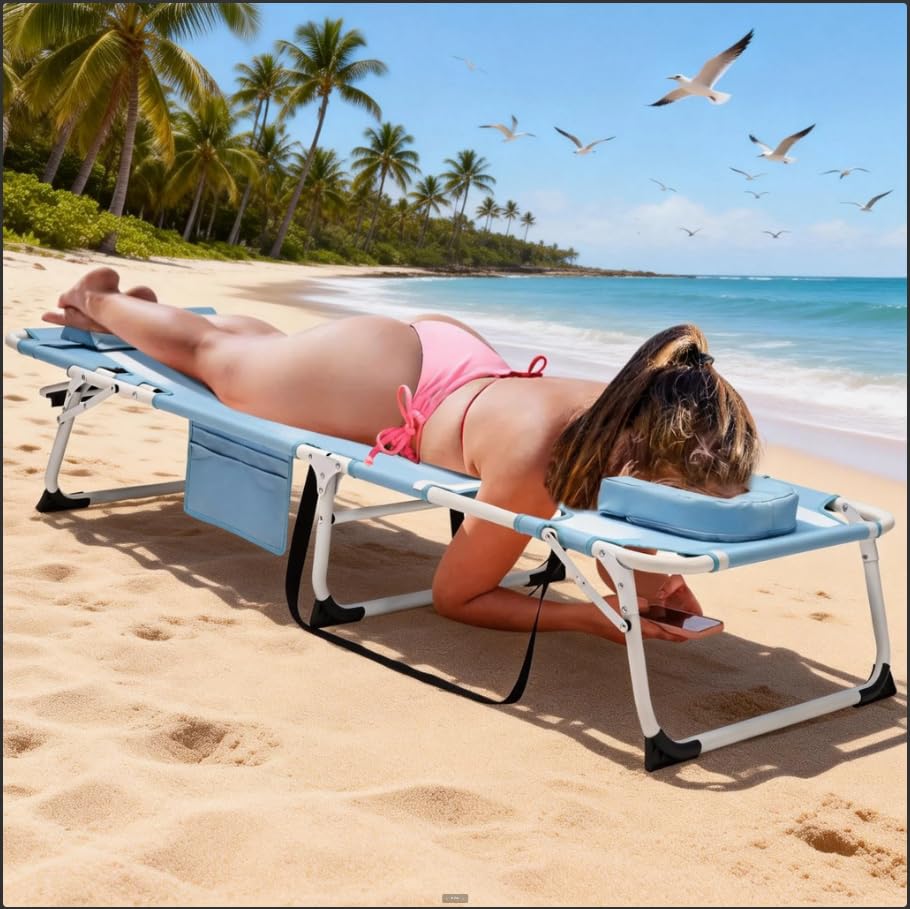 DoCred Heavy Duty Chaise Lounge Chair, Adjustable 5-Position Folding Chaise Lounge Chairs for Outside, Portable Lay Flat Beach Lounge Chair for Outdoor Sunbathing Beach Pool Lawn Camping Gronata