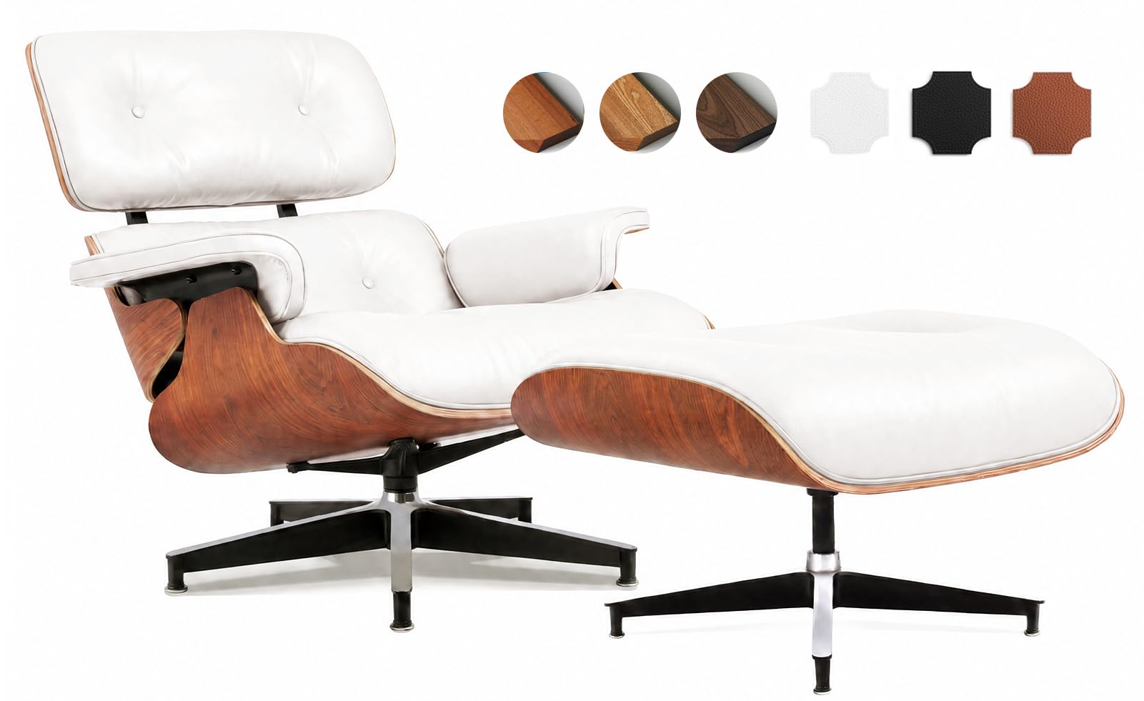 Asukale Top Grain Leather, Mid Century Chaise Lounge Chair and Ottoman, Modern Chair Classic Design, Heavy Duty Base Support for Living Room Study Lounge Office, Palisander-White Gronata