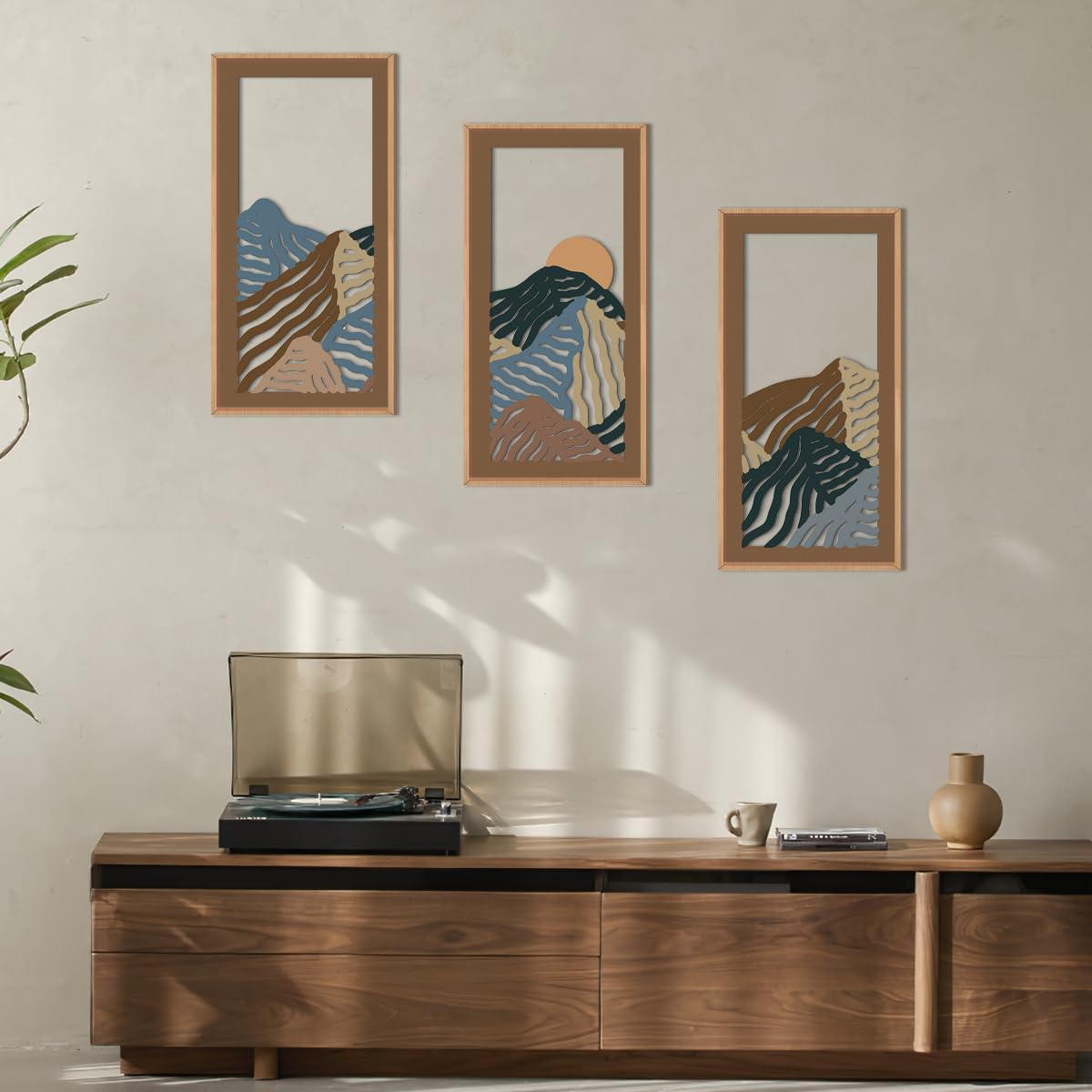 IARTTOP Large Boho Mid-century Modern Wood Wall Art 16x32 Inch Framed Green Abstract Leaf Wooden Wall Decor Bohemian Minimalist Geometric Wall Art Decor for Bedroom Living Room Office Set of 3 Gronata