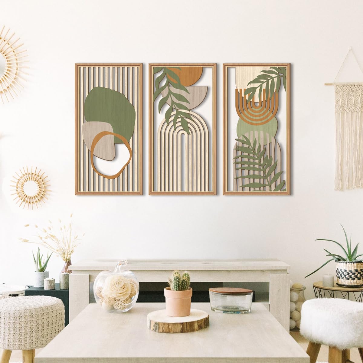 IARTTOP Large Boho Mid-century Modern Wood Wall Art 16x32 Inch Framed Green Abstract Leaf Wooden Wall Decor Bohemian Minimalist Geometric Wall Art Decor for Bedroom Living Room Office Set of 3 Gronata