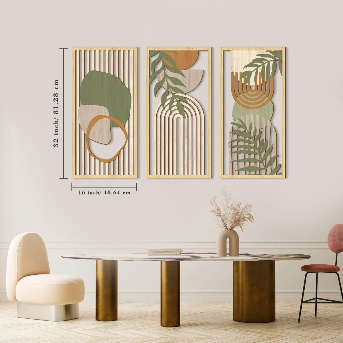 IARTTOP Large Boho Mid-century Modern Wood Wall Art 16x32 Inch Framed Green Abstract Leaf Wooden Wall Decor Bohemian Minimalist Geometric Wall Art Decor for Bedroom Living Room Office Set of 3 Gronata