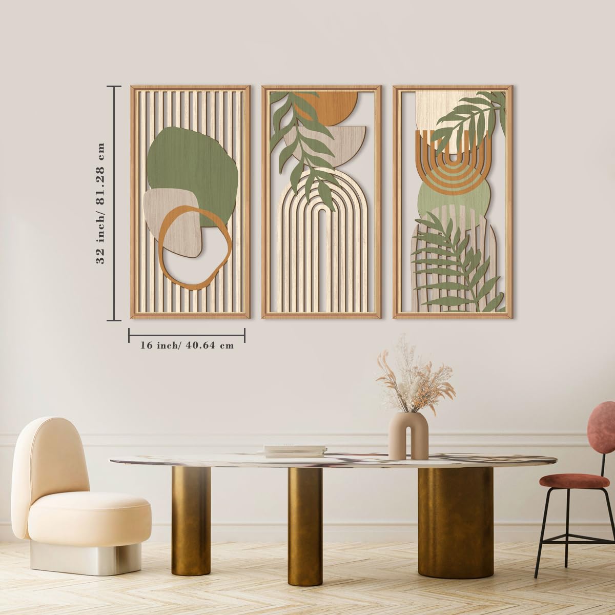 IARTTOP Large Boho Mid-century Modern Wood Wall Art 16x32 Inch Framed Green Abstract Leaf Wooden Wall Decor Bohemian Minimalist Geometric Wall Art Decor for Bedroom Living Room Office Set of 3 Gronata