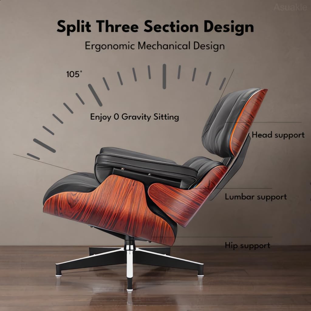Asukale Top Grain Leather, Mid Century Chaise Lounge Chair and Ottoman, Modern Chair Classic Design, Heavy Duty Base Support for Living Room Study Lounge Office, Palisander-White Gronata