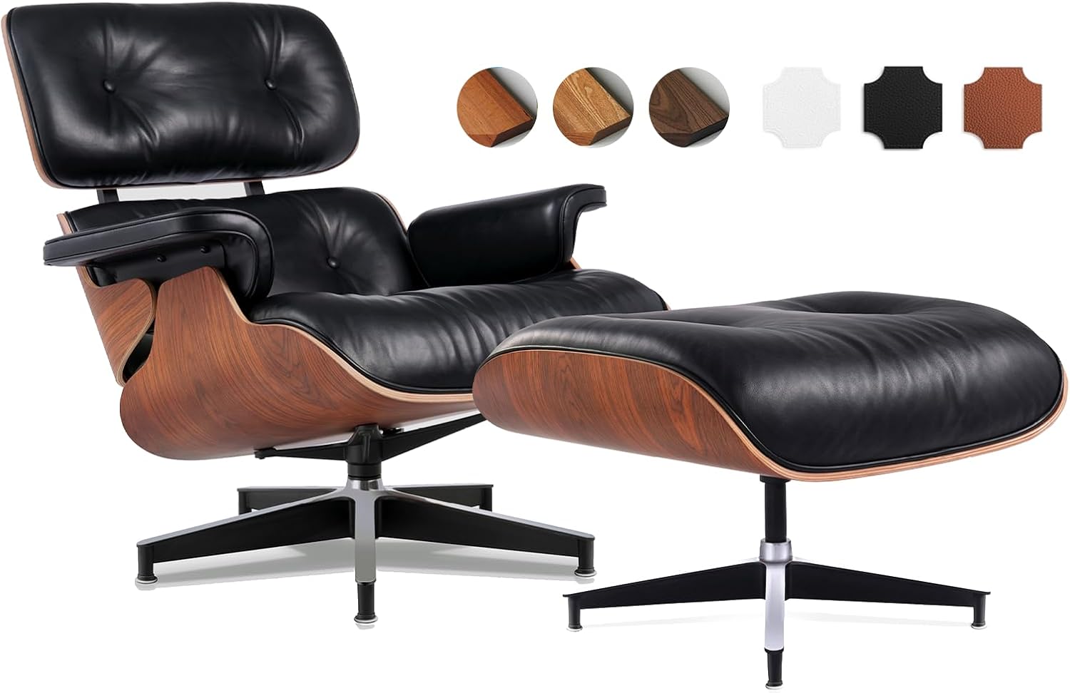Asukale Top Grain Leather, Mid Century Chaise Lounge Chair and Ottoman, Modern Chair Classic Design, Heavy Duty Base Support for Living Room Study Lounge Office, Palisander-White Gronata