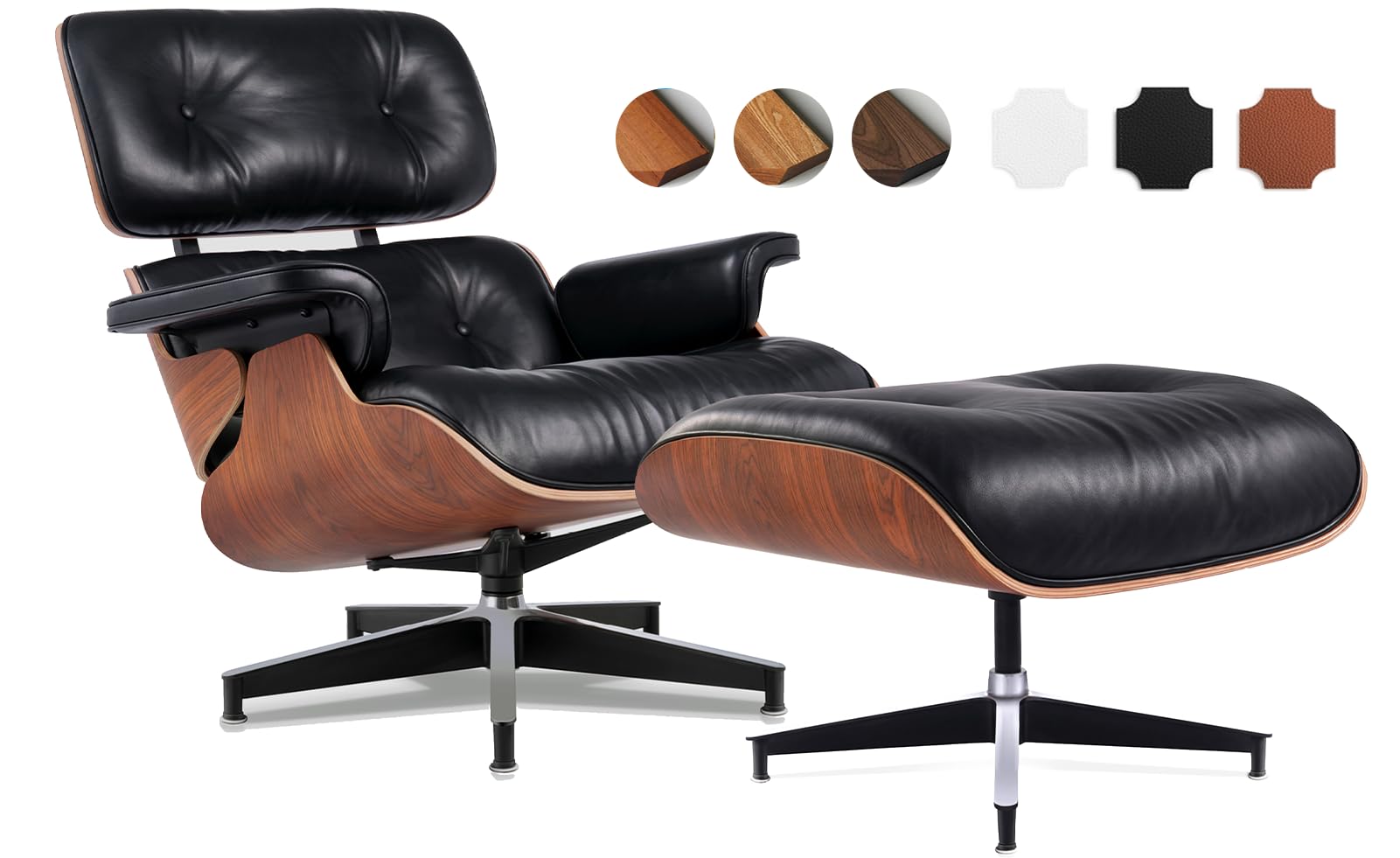 Asukale Top Grain Leather, Mid Century Chaise Lounge Chair and Ottoman, Modern Chair Classic Design, Heavy Duty Base Support for Living Room Study Lounge Office, Palisander-White Gronata