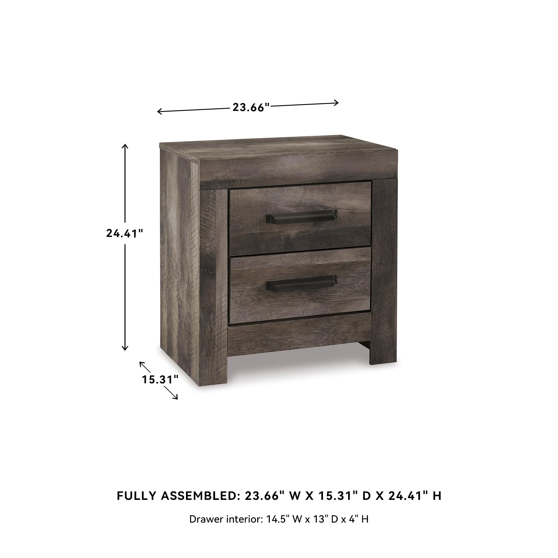 Signature Design by Ashley Wynnlow Rustic 2 Drawer Two Drawer Nightstand, 24.41" Tall, Weathered Gray Gronata