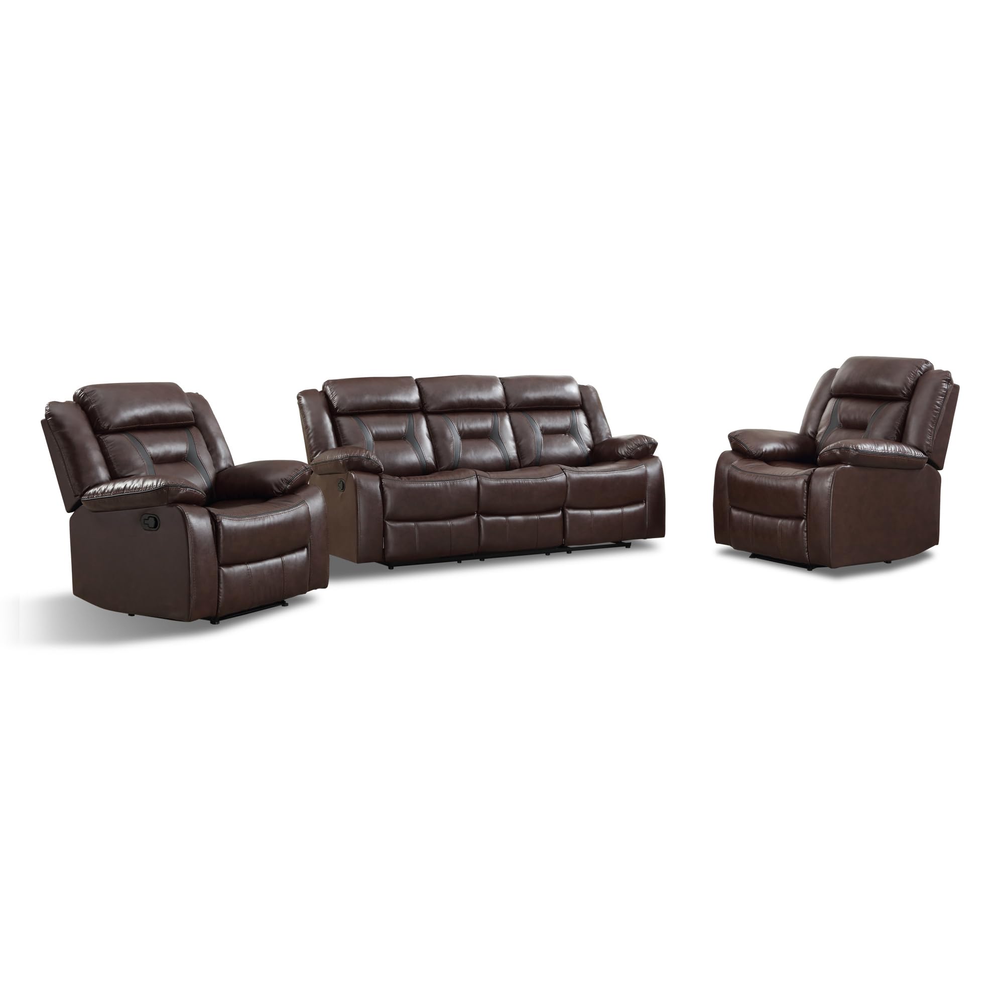 EBELLO Faux Leather Recliner Sofa Furniture Set for Living Room, 2 Recliner Chairs, 3 Seat Reclining Sofa Couch Set for Meeting Room, Brown Gronata